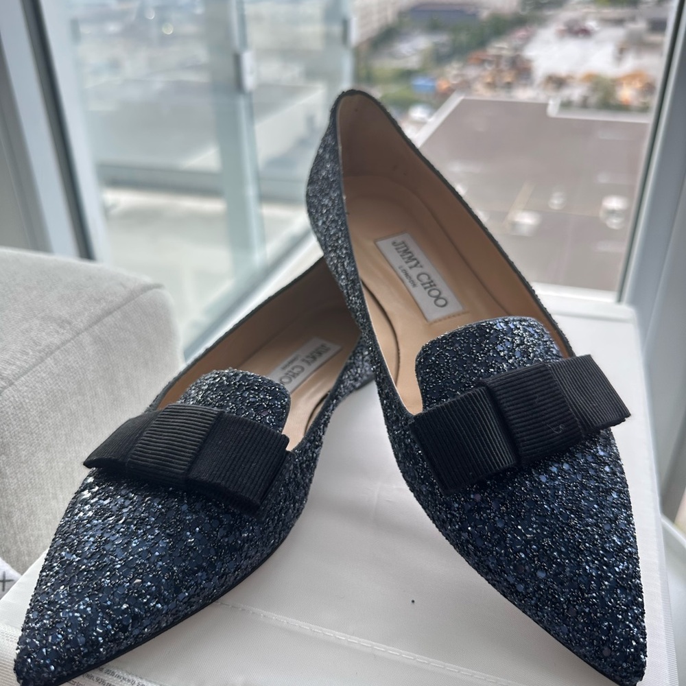 Jimmy Choo Black Glitter Flats